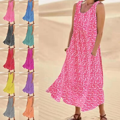 #ad Ladies Summer Beach Sundress Sleeveless Long Maxi Dress Women Party Kaftan $23.99