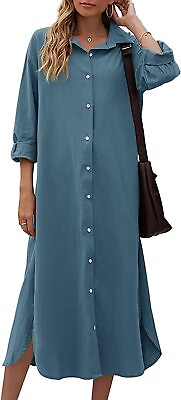 #ad Sopliagon Women Cotton and Linen Shirt Dress Casual Loose Maxi Dresses $43.97