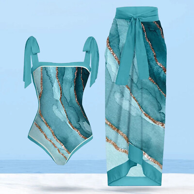 #ad 2Pcs Womens Beach Bathing Suits Print Lace Up Tops Midi Skirt Summer Swimwear $38.23