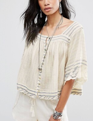 Free People Womens Lace Boho See Saw Top With Glitter Thread Detailing Size L $39.95
