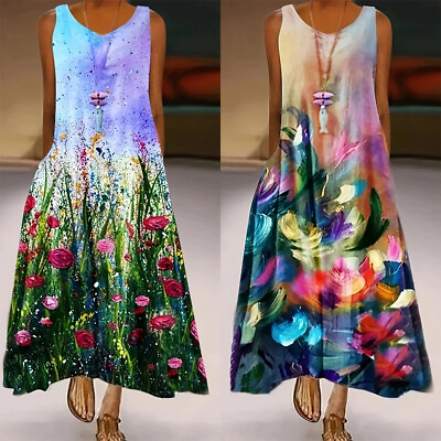#ad HOT⭐Womens V Neck Floral Printed Sleeveless A line Tank Dresses Beach Sundresses $24.26