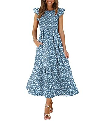 #ad Women#x27;s Casual Maxi Dresses with Pockets Ruffle Sleeve X Small 05 Floral Blue $51.16