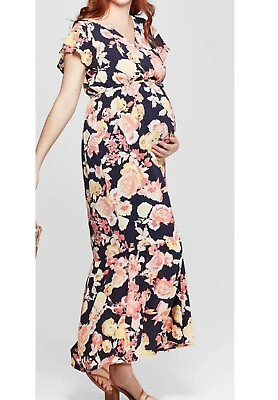 #ad Isabel Maternity Womens Maxi Dress Size Med Black Pink Floral Flutter Sleeve $14.25