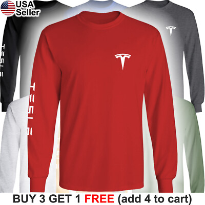 Tesla Long T Shirt Motors Logo Emblem Elon Musk Car Men Racing Chest $25.60
