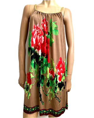 #ad Brown Floral Knee Length Summer Dress Relaxed Scoop Neck Dress One Size $39.99