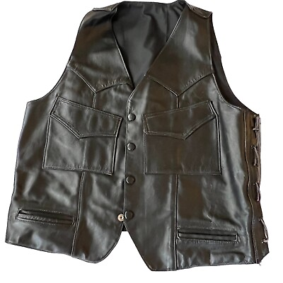 #ad Vintage custom leather black biker vest Harley size M L Pockets Adjustable READ $38.74