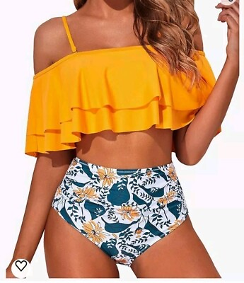 #ad $32.99 NEW Womens XL Yellow 2 Piece Swimsuits High Waisted Bikini Off shoulder $15.99