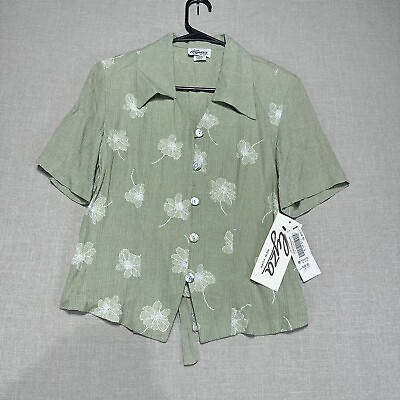 #ad Vintage Ilyza Sears Womens Button Shirt Small Green Blouse Short Sleeve $15.00