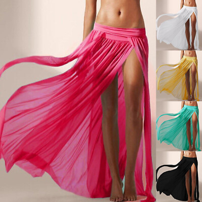 #ad Summer Sexy Women Sheer Chiffon Side Slit Beach Party Long Maxi Skirt Long Dress $10.99