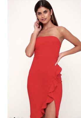 Lulus Anika Ruffle Mini Body Con Dress Red Strapless Party Cocktail Women’s XS $19.95