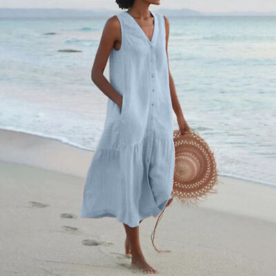 #ad Ladies Beach Sundress Sleeveless Long Maxi Dress Women Summer Party Kaftan Loose $23.59
