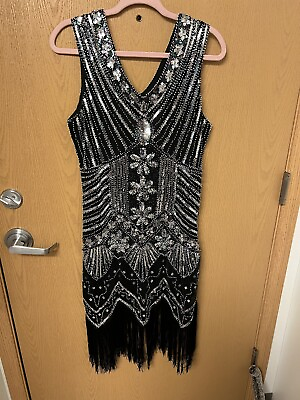 #ad cocktail dress party dress black with sequins and fringes Flapper Exc M L $50.00