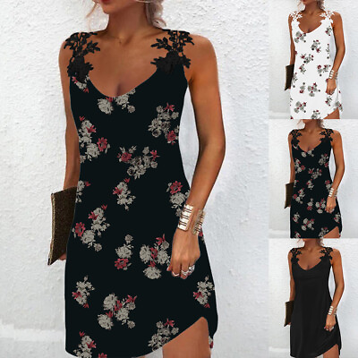 #ad Women#x27;s Lace V Neck Sleeveless Floral Sundress Ladies Summer Print Casual Dress $13.09