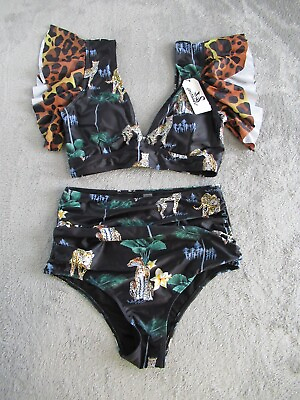 #ad Sporlike Swimsuit 2 Piece Women#x27;s Medium Black Cheetahs High Waist Ruffle Top $6.95