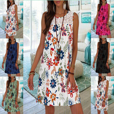 #ad Plus Size Women Floral Sundress Summer Loose Sleeveless Casual Tank Mini Dress $20.23