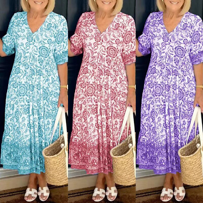 Womens V Neck Floral Long Dress Ladies Summer Plus Size Beach Party Sundress ❤ ` $11.35