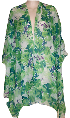 Sheer Swimsuit Cover Up One Size Fits All Green Fronds Purple Flowers Tassels $15.00