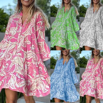 Womens Buttons V Neck Swing Dress Summer Holiday Beach Baggy Mini Sun Dresses US $21.59