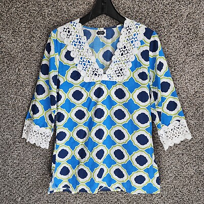Mudpie 3 4 Sleeve V Neck Beach Cover Up Tunic Blue Green Women#x27;s Small $15.99