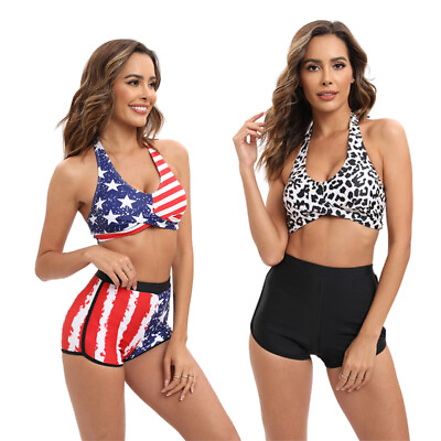 #ad Sexy Womens High Waisted Bikini Sets Flag Printing 2 Pieces Swimsuit $13.96