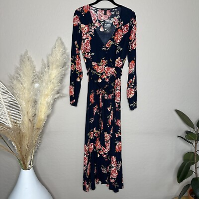 #ad Navy Blue Floral Print Long Sleeve Maxi Wrap Dress size medium $27.00