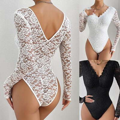 #ad Sexy Women#x27;s Lace V Neck Slim Bodysuit Long Sleeve Babydoll Shirt Party Tops $18.29