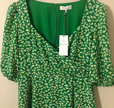 #ad Wayf Womens Chiffon Floral Maxi Dress Short Sleeve Green White Sz M New $39.98
