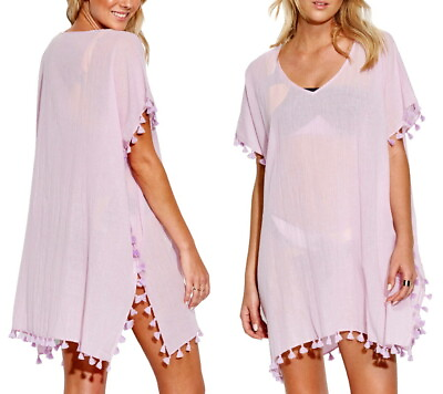 Seafolly Amnesia Gauze Cover Up Caftan One Size Lilac Tassels Cotton Sheer NWT $50.15