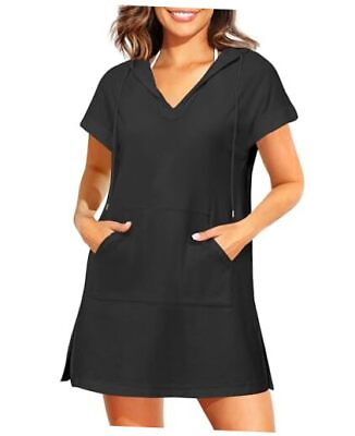 #ad Terry Cloth Swimsuit Cover Up Women Hooded Cotton Cover with Medium Black $69.45