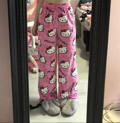 Hello Kitty Pajama Pants Y2k Fairy Sanrio Flannel Autumn Warm Women Pant Fashion $14.40