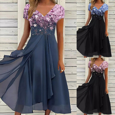 #ad Plus Size Women Short Sleeve Swing Dress Evening Cocktail Party Midi Gown Skirts $19.71