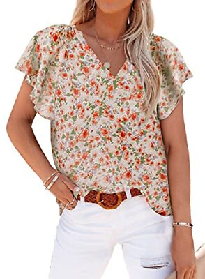 #ad #ad Women#x27;s Casual Boho Floral Print V Neck Long Sleeve Medium 3 Floral Orange $36.58