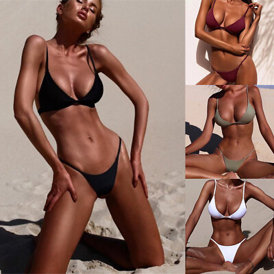 #ad G String Beach Thong Swimsuit Bikini Solid Sexy Bottom Lady Swimwear Women Bra $7.04