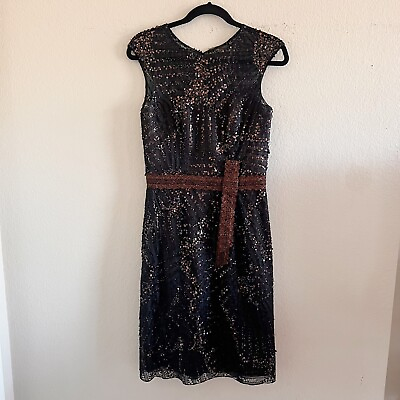 #ad Carolina Herrera Sheath Dress 4 Black Copper Sequined Beaded Cocktail Wedding $135.00