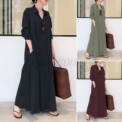 #ad Autumn Women#x27;s Collared Button Down Oversized Loose Solid Long Maxi Shirt Dress $21.56