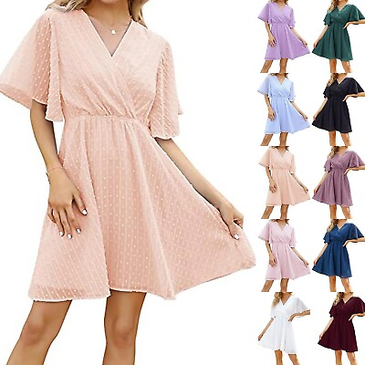 #ad Women Elegant Short Sleeve V Neck Swiss Dot Summer Dresses Flare Sleeve Dress $18.94