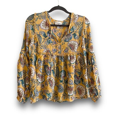 #ad HAUTE HIPPIE Yellow Floral Boho Long Sleeved Babydoll Blouse Top Women#x27;s Small $29.99