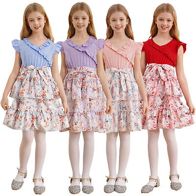 #ad Kids Girl Dress Flower Skirts Floral One Piece Ruffled Dresses Beach Outfits $16.56
