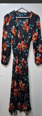 #ad Studio Floral Satin Wrap Maxi Dress Long Sleeve UK12 EU40 Black Red Flowers GBP 29.00