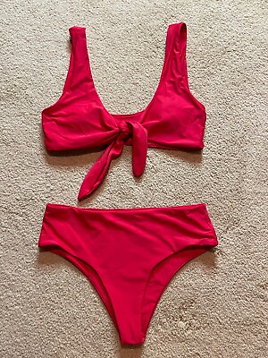 #ad ZAFUL Padded Tie Front Knotted 2 Piece Bikini Mid Waist Swimsuit Solid Red Set 6 $9.99