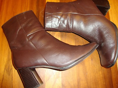 #ad BIJOU Ladies Leather Ankle Boots Block Heel Casual Brown Sz 7W 305 $8.99