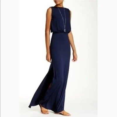 #ad Go Couture Navy Blouson Style Maxi Dress Slit Stretch Sleeveless Size Medium $22.39