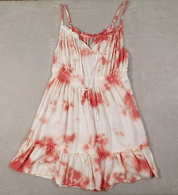 #ad Feathers Women White Red Sun Dress Rayon Tie Dye Sleeveless Pleated Size 2X $15.30