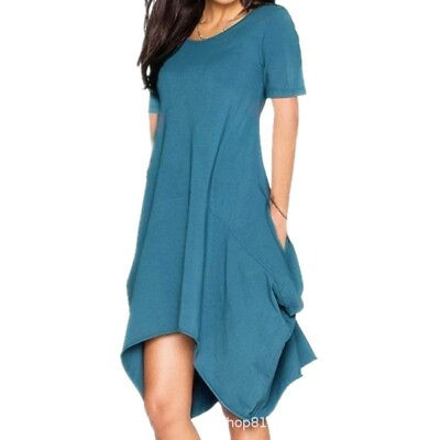 Women Neck Loose Plus Sundress Long Sleeve Casual Tunic Pocket Dress Solid Round $29.09