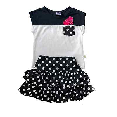 #ad Girls 6 2 Piece Black amp; White Polka Dot Ruffle Skirt Short Sleeve Pocket Tee Set $14.00
