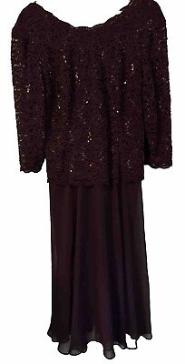 #ad ALEX EVENINGS Deep Plum Mock Two Piece 3 4 Sleeve Lace Sequin Cocktail Dress 16 $75.00