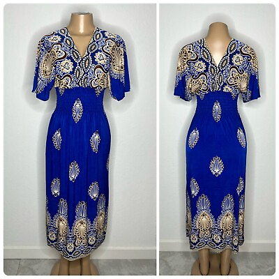 #ad NWT Blue Floral Size S M Women Elegant Dress V Neck Long Party Maxi Long Dress $20.00