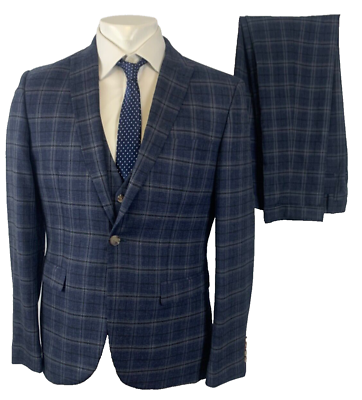 #ad NEXT SUIT 40 REG BLUE Tartan Formal Jacket Waistcoat Trousers 34 W 31 L 3 PC SET GBP 63.98