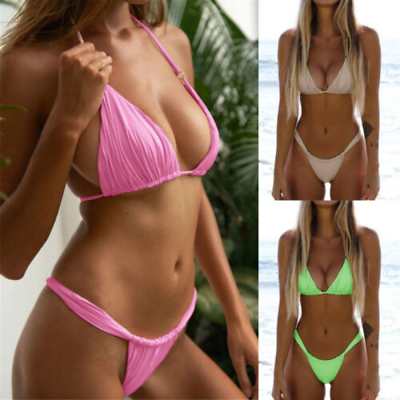 #ad #ad Halter High Two Up Bikini Piece Up Women Cut Lace Solid Sexy Swimsuit Set Push $22.81