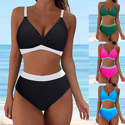 #ad Women#x27;s High Waisted Bikini Sets V Neck Two Piece Swimsuit Color Block Front $14.49